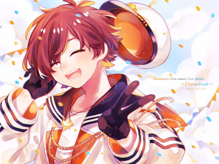 1boy amatsuki_(utaite) black_hair blonde_hair blue_sky brown_hair closed_eyes cloud colored_tips commentary_request dated hat holding holding_unworn_clothes holding_unworn_hat indie_utaite jacket jewelry looking_at_viewer male_focus multicolored_hair necklace open_mouth shirt sky smile solo string_of_flags teeth tsubaki_tsubaru unworn_hat unworn_headwear upper_body utaite v white_hat white_jacket white_shirt