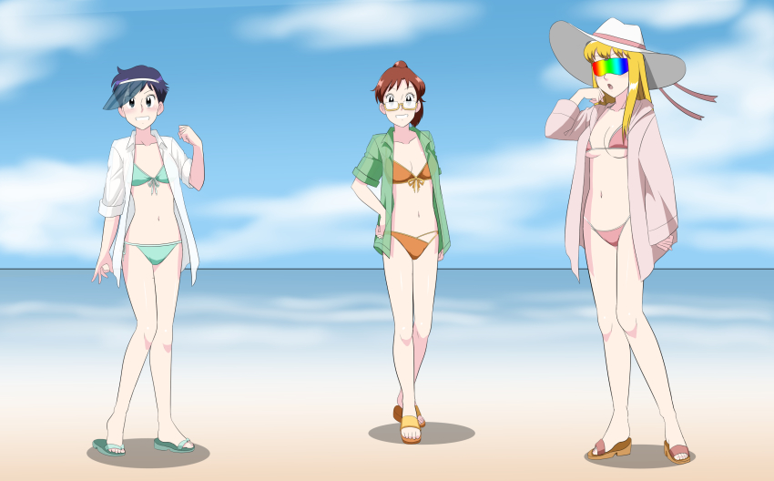 3girls akimoto_katherine_reiko beach bikini blonde_hair glasses highres kochikame long_hair multiple_girls ono_komachi police police_uniform policewoman ponytail sandals seishou_naoko short_hair swimsuit takaya_n