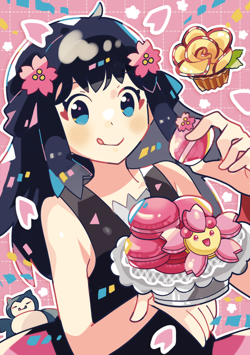 1girl :&gt; anidler91 bare_shoulders black_hair black_shirt blue_eyes cherrim cherrim_(sunshine) closed_mouth cupcake dawn_(pokemon) flower food gen_1_pokemon gen_4_pokemon grid_background hair_flower hair_ornament half_updo highres holding holding_food long_hair macaron nintendo petals pink_background pink_flower pink_skirt pokemon pokemon_(creature) pokemon_dppt shirt skirt snorlax tongue tongue_out