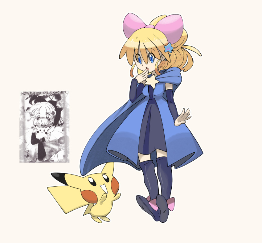 1girl blonde_hair blue_dress blue_eyes bow detached_sleeves dress footwear_bow gen_1_pokemon hair_between_eyes hair_bow hazel_(pokemon) magical_pokemon_journey open_mouth phil_dragash pikachu pink_bow pokemon pokemon_(creature) ponytail reference_inset simple_background white_background