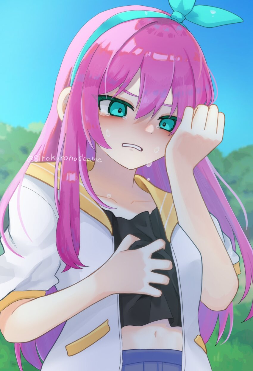 1girl artist_name aubrey_(faraway)_(omori) aubrey_(omori) blue_eyes blue_hairband blue_sky blurry blurry_background collarbone crop_top crying crying_with_eyes_open day hairband highres jacket long_hair navel omori outdoors parted_lips pink_hair short_sleeves sirokuronodoame sky solo tears upper_body white_jacket