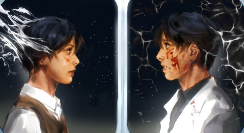2boys :| black_eyes black_hair black_shirt blood blood_on_face brown_vest closed_mouth coat collared_shirt dual_persona from_side injury kim_dokja looking_at_another macaronijail male_focus multiple_boys oldest_dream omniscient_reader&#039;s_viewpoint open_mouth shirt short_hair sky smoke split_screen star_(sky) starry_sky upper_body vest white_coat white_shirt