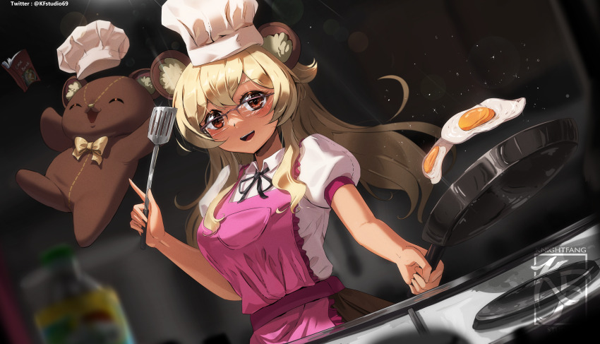 1girl absurdres animal_ears apron bear_ears bear_girl blonde_hair blurry blurry_background brown_eyes chef_hat collared_shirt commission cookbook cooking egg_(food) eyelashes food frying_pan glasses hat highres holding holding_frying_pan holding_spatula knightfang kumavt long_hair open_mouth original pink_apron puffy_short_sleeves puffy_sleeves shirt short_sleeves smile spatula stove stuffed_animal stuffed_toy tan teddy_bear teeth twitter_username upper_teeth_only white_shirt