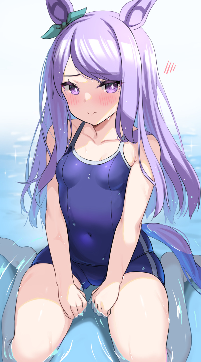 1girl animal_ears aqua_ribbon barefoot between_legs blue_one-piece_swimsuit blush bow breasts bright_pupils cleavage clenched_hands closed_mouth clothing_cutout collarbone colored_eyelashes commentary_request competition_school_swimsuit covered_navel ear_ribbon embarrassed full_body glint hand_between_legs hands_on_own_thighs highres horse_ears horse_girl horse_tail kibihimi long_hair looking_at_viewer mejiro_mcqueen_(umamusume) one-piece_swimsuit parted_bangs parted_lips partially_submerged purple_eyes purple_hair ribbon school_swimsuit school_uniform sidelocks simple_background single_vertical_stripe sitting small_breasts solo spoken_blush spread_legs swept_bangs swimsuit tail tail_through_clothes thighs tracen_swimsuit umamusume v-shaped_eyebrows v_arms wariza water wet wet_clothes wet_hair wet_swimsuit white_background