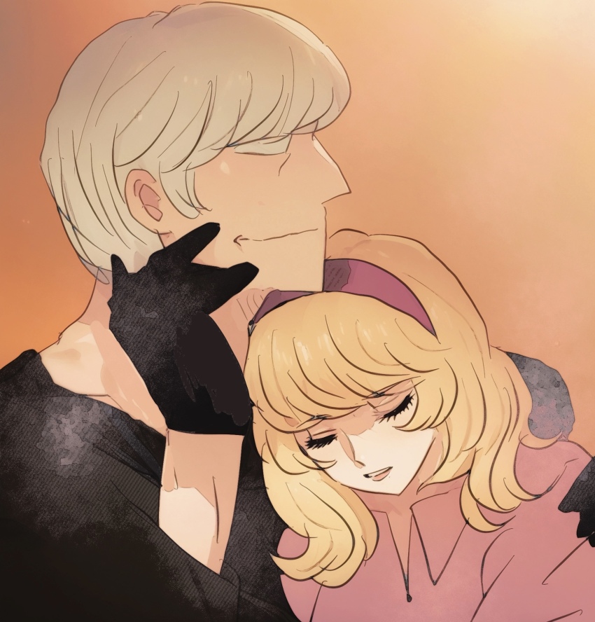 1boy 1girl albert_heinrich black_coat black_gloves blonde_hair closed_eyes coat cyborg cyborg_009 francoise_arnoul gloves grey_hair hair_between_eyes hairband highres hug long_hair red_coat red_hairband sariokisu short_hair straight_hair white_eyes