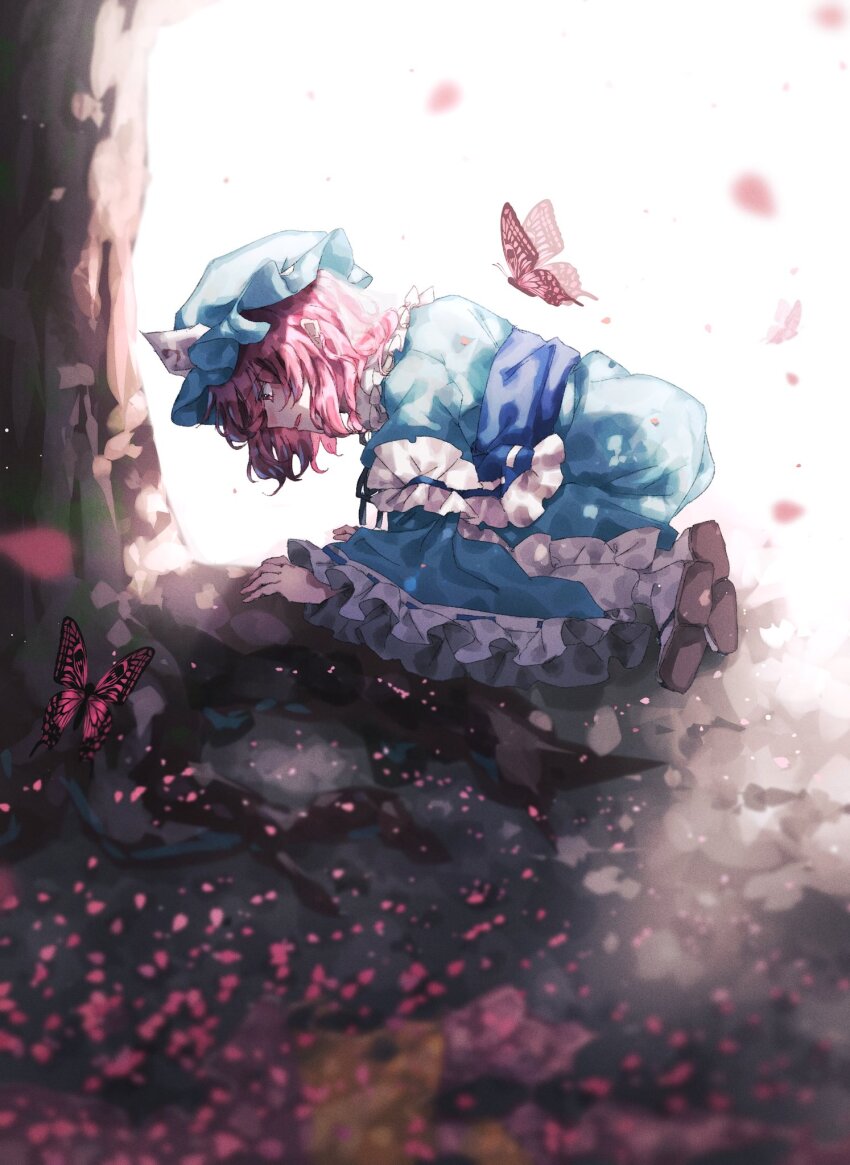 1girl blue_dress blue_headwear bug butterfly cherry_blossoms dress highres insect kneeling long_sleeves open_mouth pink_butterfly pink_hair saigyou_ayakashi saigyouji_yuyuko solo touhou tsuyuji_shigure