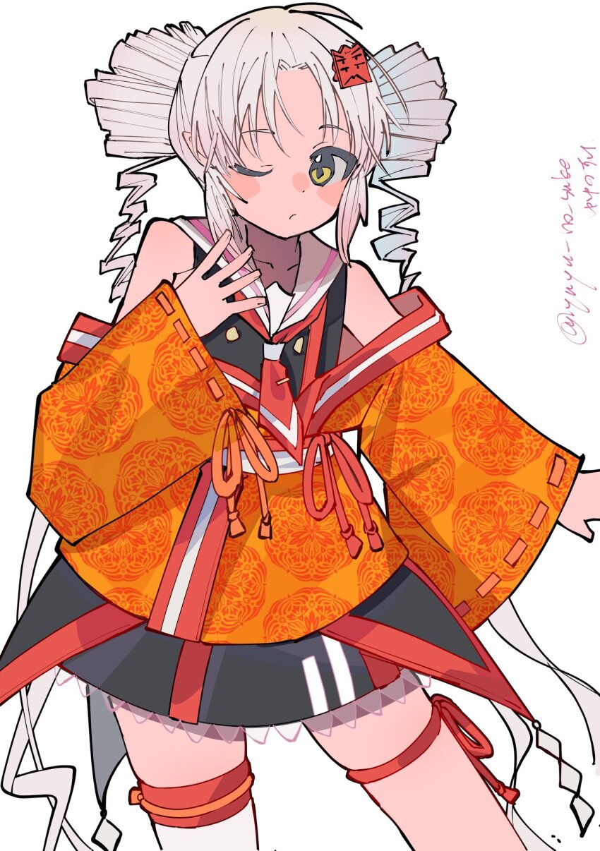 1girl bare_shoulders black_shirt black_skirt closed_mouth cowboy_shot drill_hair grey_hair hair_ornament hand_up highres japanese_clothes kimono long_hair long_sleeves looking_to_the_side miniskirt neckerchief off_shoulder one_eye_closed onikko_hunter_tsuina-chan orange_kimono red_neckerchief ribbon-trimmed_sleeves ribbon_trim sailor_collar shirt short_kimono simple_background skirt sleeveless sleeveless_shirt sleeves_past_wrists solo standing thigh_strap tsuina-chan twin_drills voiceroid white_background white_sailor_collar wide_sleeves yellow_eyes yuyu_no_suke