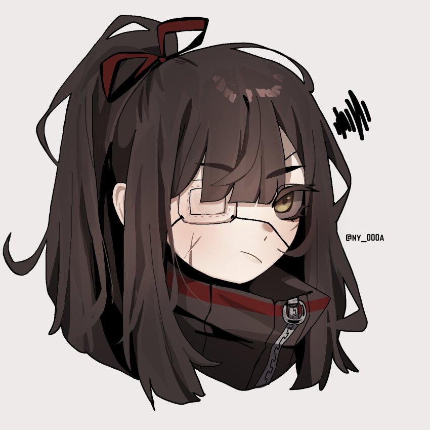 1girl black_jacket brown_hair double-parted_bangs eyepatch hair_ribbon high_ponytail highres jacket library_of_ruina long_hair looking_at_viewer medical_eyepatch ny_000a ponytail portrait project_moon red_ribbon ribbon shi_association_south_uniform sidelocks solo tenma_(project_moon) yellow_eyes