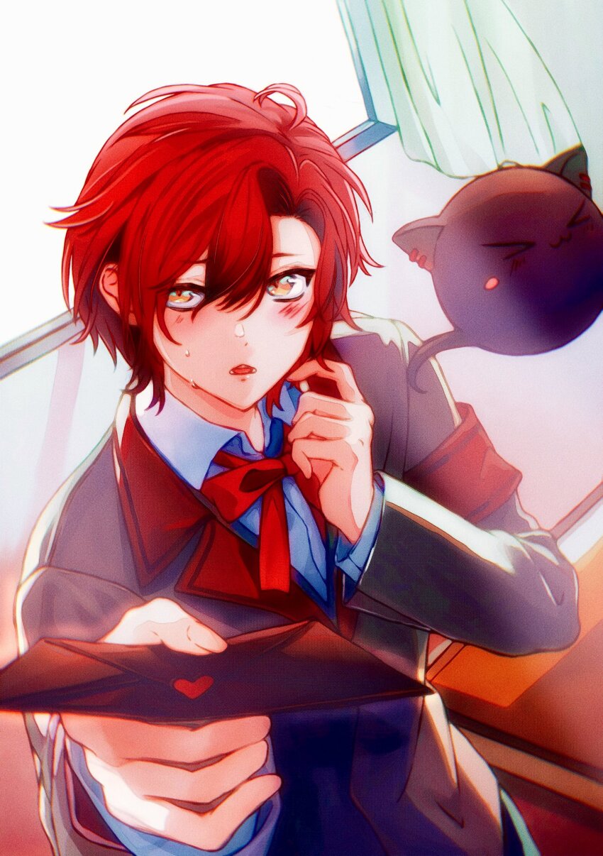 &gt;_&lt; 1boy ahoge armband bishounen blush bow bowtie classroom collared_shirt creature curtained_hair embarrassed foreshortening hair_between_eyes hashtag-only_commentary highres holding holostars holostars_english incoming_letter indoors itoyuuichi letter light_rays long_sleeves looking_at_viewer love_letter machina_x_flayon machiroon_(machina_x_flayon) male_focus open_mouth orange_eyes red_armband red_bow red_bowtie red_hair school_uniform shirt short_hair shy side_part upper_body valentine virtual_youtuber window
