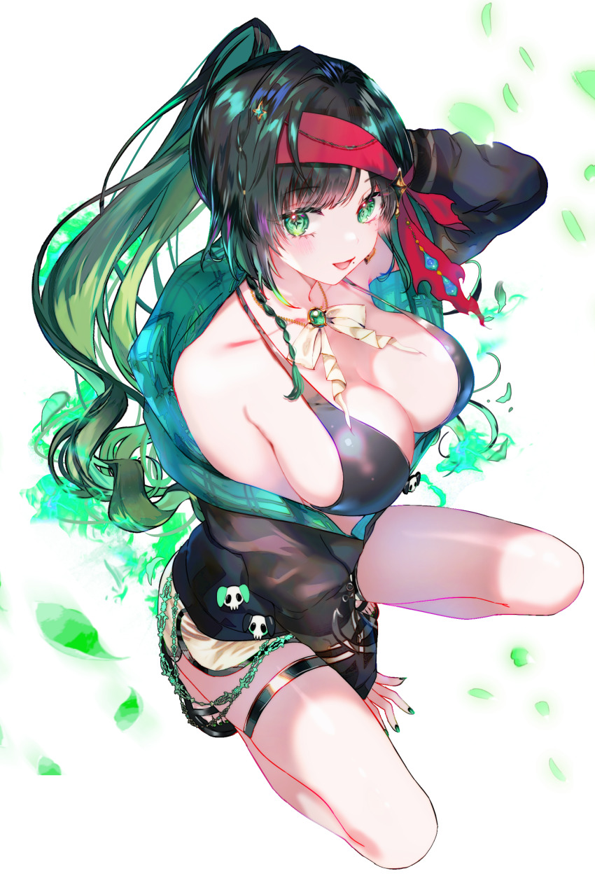 1girl bandana bikini bikini_top_only black_bikini black_jacket black_sandals blush bow bowtie breasts brooch cersea_soulstorm cleavage dolphin_shorts falling_leaves full_body gem green_eyes green_gemstone green_hair green_nails hair_ornament highres chromashift jacket jewelry kneeling large_breasts leaf long_hair long_sleeves looking_at_viewer mole mole_under_mouth nail_polish open_mouth ponytail red_bandana sandals shorts smile solo sowon swimsuit symbol-shaped_pupils thigh_strap toenail_polish toenails transparent_background very_long_hair virtual_youtuber white_bow white_bowtie white_shorts