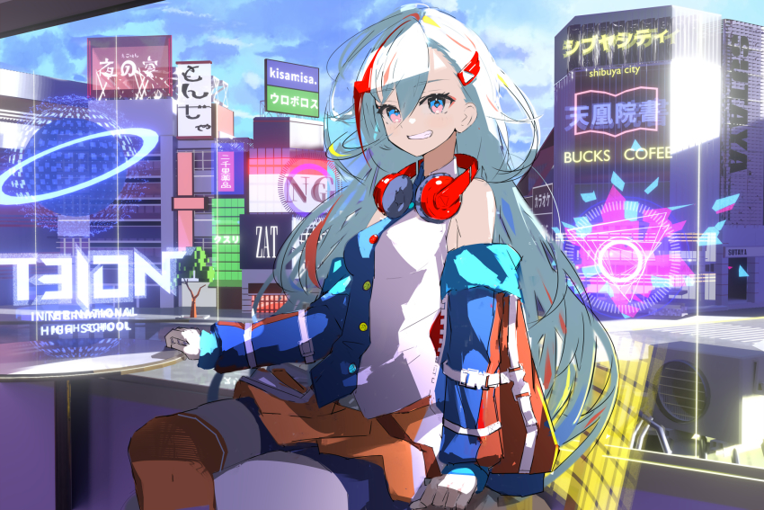 1girl bare_shoulders blue_eyes breasts denonbu gurumaruhana hair_between_eyes hair_ornament hairclip headphones headphones_around_neck highres houou_karin jacket long_hair long_hair_between_eyes long_sleeves looking_at_viewer multicolored_hair open_clothes open_jacket open_mouth red_hair shibuya_(tokyo) shirt sitting skirt smile solo table tokyo_(city) very_long_hair