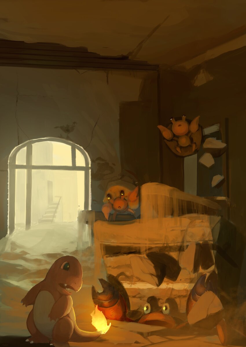 absurdres ceiling charmander claws commentary_request crack cracked_floor crustle dwebble evolutionary_line fangs fire flame-tipped_tail gen_1_pokemon gen_5_pokemon highres indoors king_joe_(neoroto) looking_back nintendo no_humans pokemon pokemon_(creature) rock sand standing tail