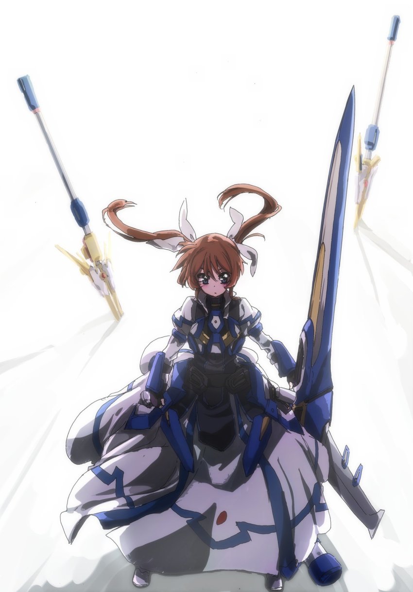 1girl backlighting black_gloves black_shirt blue_eyes blurry blurry_background blush boots brown_hair bygddd5 closed_mouth commentary_request dress female_focus fingerless_gloves frown full_body gauntlets gloves hair_ribbon highres holding holding_weapon jacket juliet_sleeves light_blush long_dress long_sleeves looking_at_viewer lyrical_nanoha magical_girl mahou_shoujo_lyrical_nanoha_the_movie_3rd:_reflection open_clothes open_jacket parted_lips puffy_sleeves raising_heart raising_heart_(bustercanon_mode) raising_heart_(exelion_mode)_(2nd) ribbon shadow shirt short_twintails simple_background sketch solo standing strike_cannon takamachi_nanoha takamachi_nanoha_(formula_mode) twintails weapon white_background white_boots white_dress white_jacket white_ribbon wind