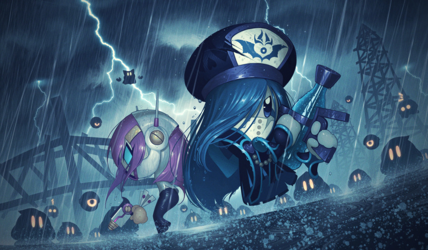2girls 5health back-to-back beret blue_eyes blue_hair commentary_request degout disembodied_hand dubior fighting_stance francisca_(kirby) gun hair_over_one_eye halcandran_dee hat highres holding holding_weapon kirby&#039;s_return_to_dream_land kirby:_planet_robobot kirby_star_allies kirby_(series) lightning long_hair magolor multiple_girls nintendo partial_commentary pink_hair rain rayman_limbs silhouette storm surrounded susie_(kirby) waddle_dee water_gun weapon wet yellow_eyes