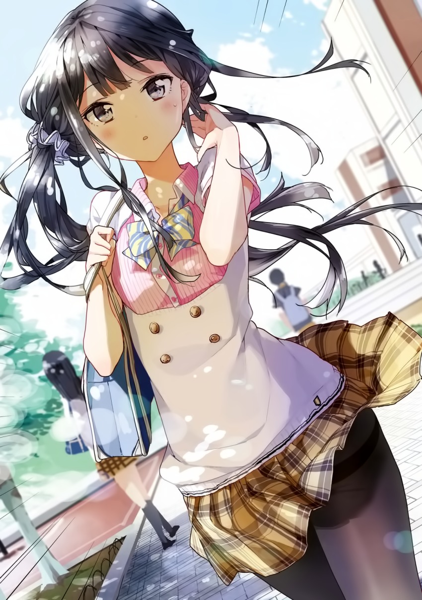 10s 1girl adagaki_aki artist_request black_hair black_pantyhose blurry blurry_background blush clothes_lift cloud day female_focus hand_in_own_hair highres looking_at_viewer masamune-kun_no_revenge open_mouth pantyhose plaid_clothes plaid_skirt pleated_skirt school_uniform skirt skirt_lift sky solo tiv twintails