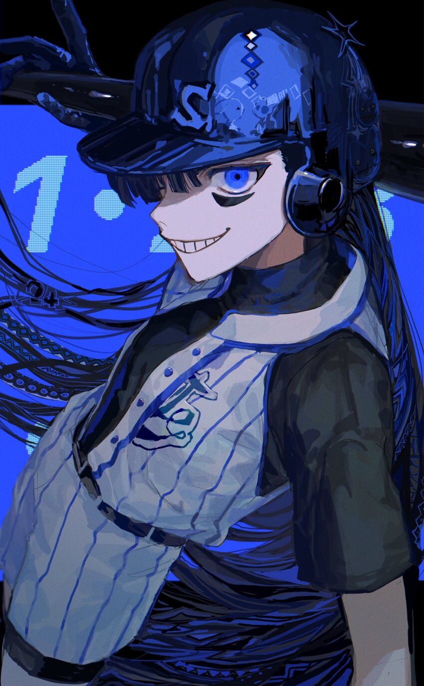 ado_(utaite) baseball_bat baseball_helmet baseball_uniform black_vest blue_eyes blue_gloves braid braided_bangs facepaint gloves helmet highres holding holding_baseball_bat long_hair one_eye_closed readymade_(ado) sportswear utaite vest yadu_nadu