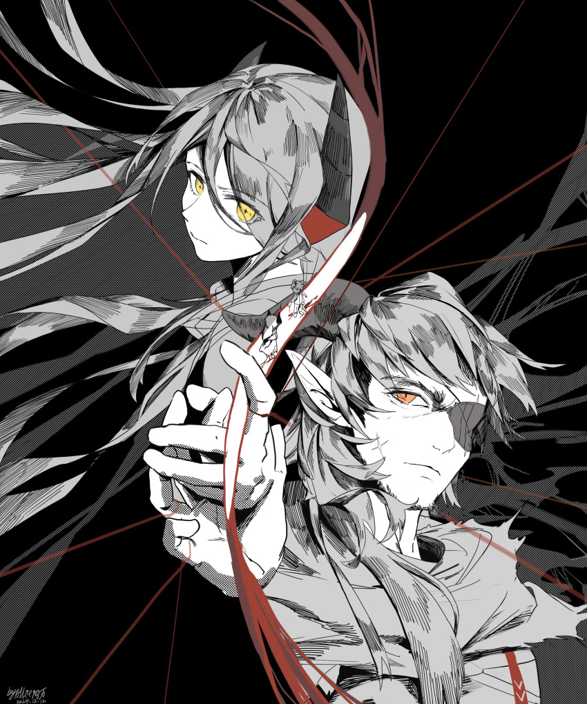 1boy 1girl absurdres allieali arknights black_background chinese_commentary closed_mouth commentary_request eyes_visible_through_hair greyscale hair_over_one_eye highres hoederer_(arknights) holding_hands horns ines_(arknights) long_hair looking_at_viewer monochrome one_eye_covered orange_eyes pointy_ears ribbon spot_color thread yellow_eyes
