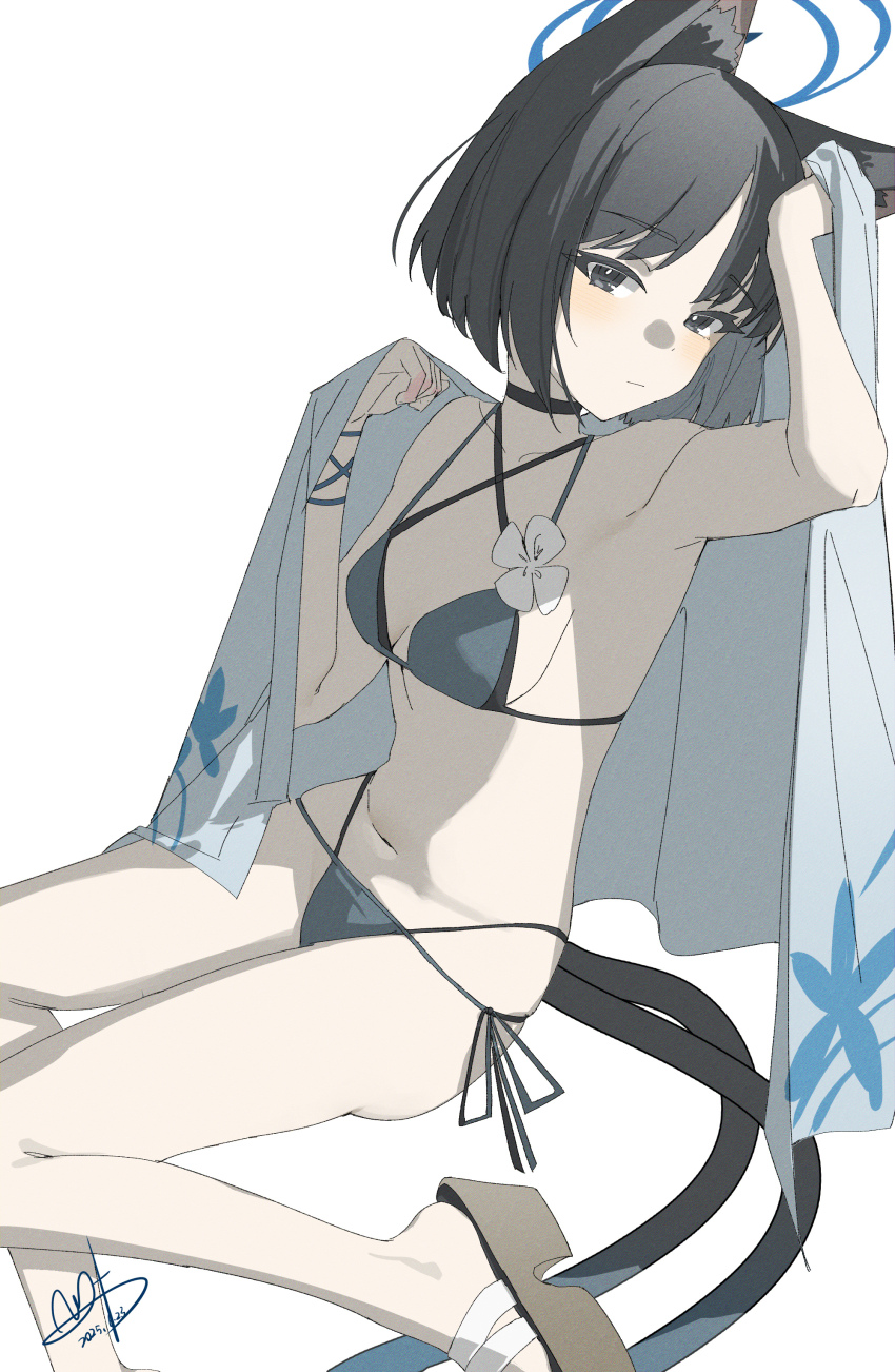 1girl absurdres animal_ear_fluff animal_ears armpits bare_legs bare_shoulders bikini black_eyes black_hair blue_archive blue_bikini blue_haori breasts cat_ears cat_girl cat_tail flower haori highres japanese_clothes kikyou_(blue_archive) kikyou_(swimsuit)_(blue_archive) looking_at_viewer multiple_tails navel official_alternate_costume parted_bangs qtian sandals short_hair solo stomach swimsuit tail two_tails white_flower