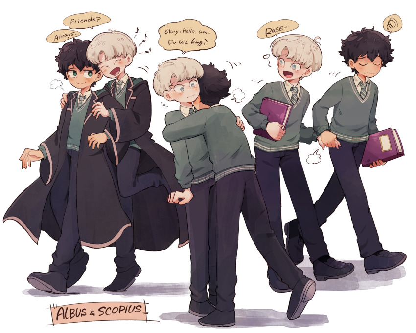2boys albus_severus_potter amazou black_hair black_robe blonde_hair blue_eyes blush book green_eyes green_necktie harry_potter_(series) harry_potter_and_the_cursed_child highres hogwarts_school_uniform holding_hands hug male_focus multiple_boys necktie robe school_uniform scorpius_malfoy short_hair slytherin striped_necktie wizarding_world