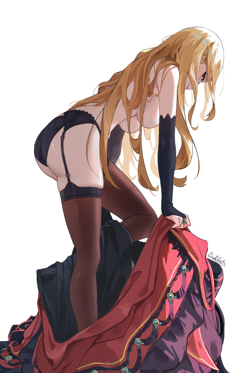1girl absurdres ass black_panties blonde_hair breasts detached_sleeves erikvarts garter_straps highres jewelry large_breasts long_hair looking_to_the_side panties priscilla_barielle re:zero_kara_hajimeru_isekai_seikatsu ring simple_background thighhighs topless_female underboob underwear undressing white_background