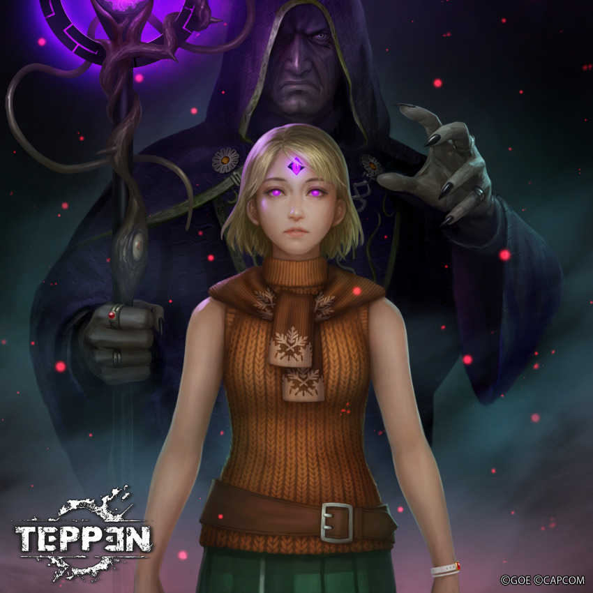 1boy 1girl ashley_graham belt blonde_hair blue_eyes bracelet brown_sweater capcom clock gem_on_head glowing glowing_eyes green_skirt highres hood horror_(theme) jewelry kuroiwa_enu monster monster_boy osmund_saddler plaga_(resident_evil) pueple_eyes resident_evil resident_evil_4 ring robe scarf skirt staff sweater tentacles teppen