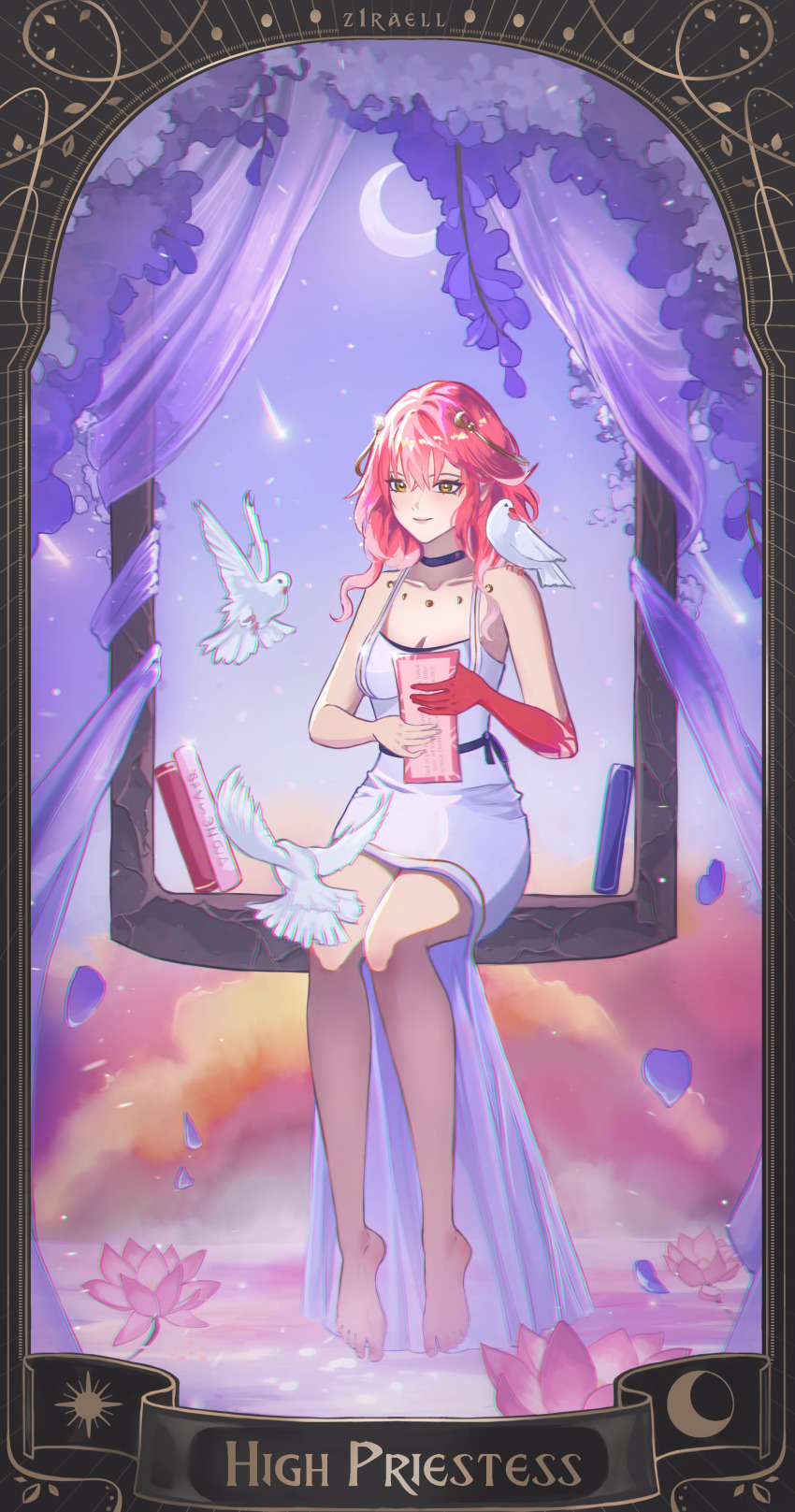 1girl absurdres alternate_costume bare_legs bare_shoulders barefoot bird black_choker body_markings breasts changli_(wuthering_waves) choker chromatic_aberration closed_mouth collarbone colored_extremities commentary dress english_commentary english_text feet high-low_dress highres holding large_breasts legs pink_hair red_hands sitting smile solo tarot the_high_priestess_(tarot) toes white_bird white_dress wuthering_waves yellow_eyes z1raell