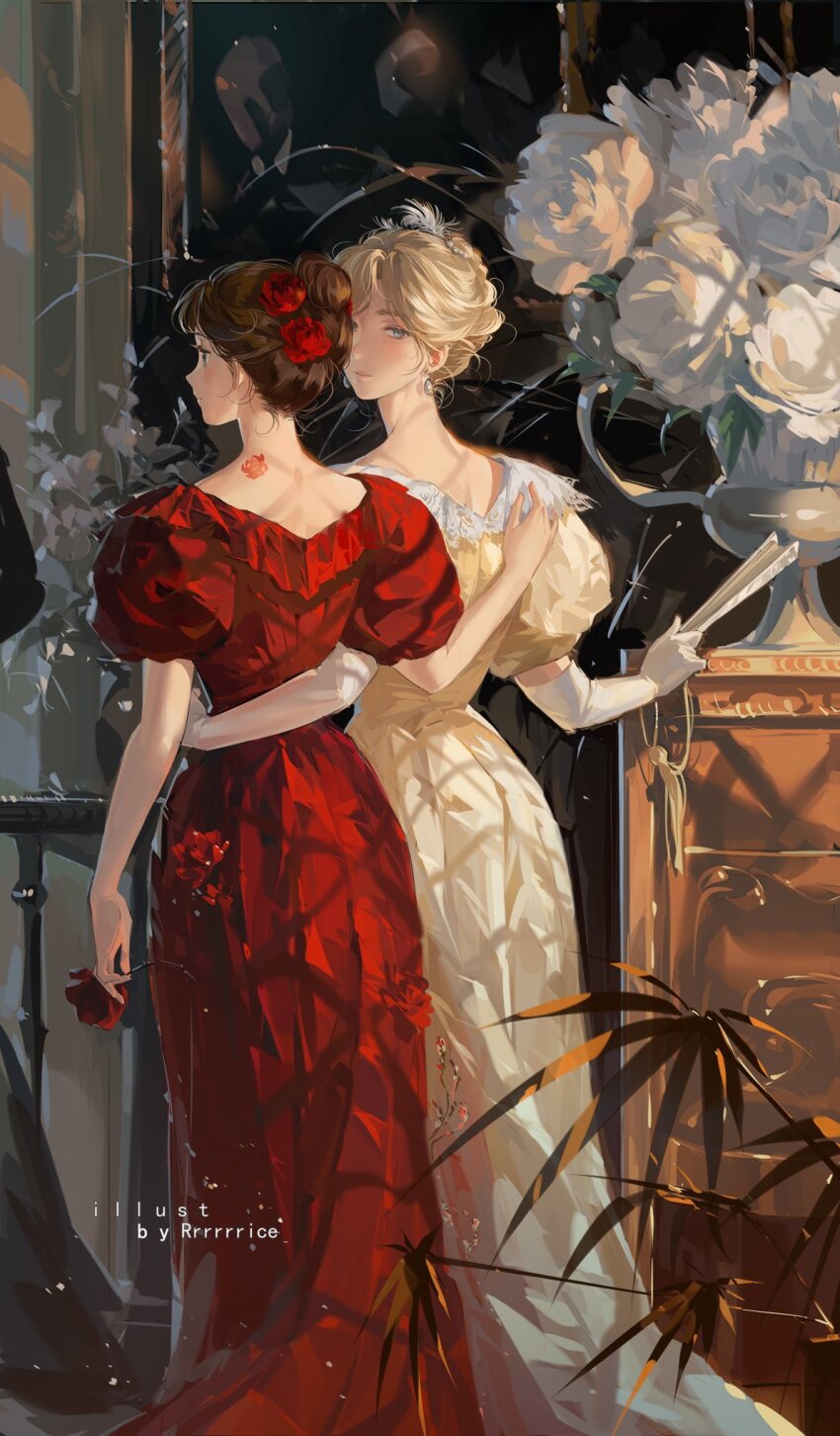 2girls arm_around_waist artist_name blonde_hair blueno brown_hair closed_mouth dress flower flower_tattoo hair_flower hair_ornament hand_on_another&#039;s_back highres holding holding_flower indoors long_dress looking_back multiple_girls nape neck_tattoo original red_dress red_flower rrr_(reason) short_sleeves standing tattoo vase white_flower yellow_dress yuri
