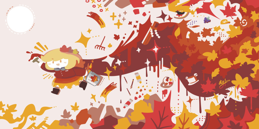 1girl :d aki_shizuha autumn_leaves bird black_footwear blonde_hair bucket commentary flat_cap food fruit grapes hair_ornament hat highres inubashiri_momiji inubashiri_momiji_(wolf) leaf leaf_hair_ornament maple_leaf onbashira open_mouth paint_tube paintbrush painting_(action) paint_palette pyonta red_shirt shameimaru_aya shameimaru_aya_(crow) shirt short_hair signature smile thatpebble touhou wolf yellow_eyes