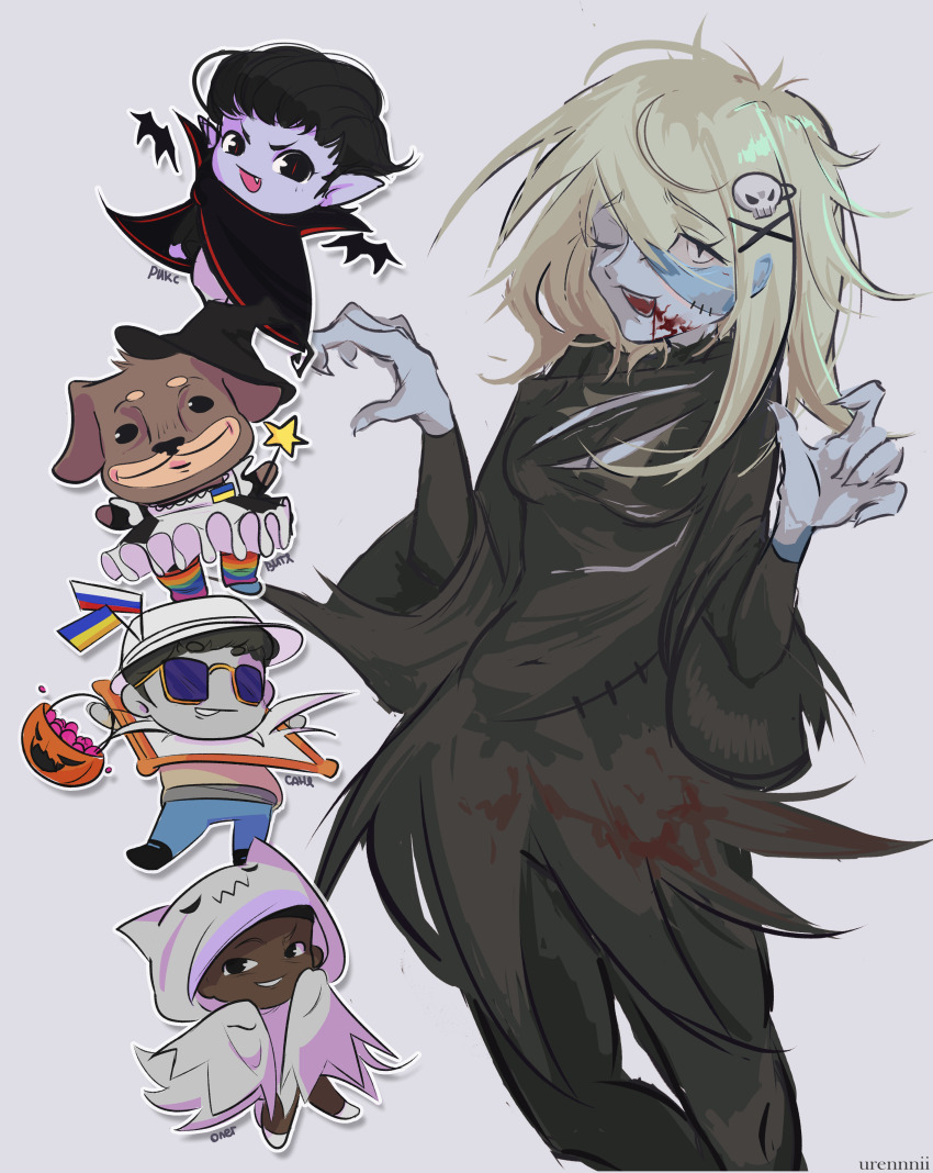 absurdres apron bat_wings black_skin blonde_hair blood blood_on_clothes blood_on_face bodysuit candy chibi colored_skin cross_hair_ornament dog fingernails food ghost ghost_costume grey_skin hair_ornament hairpin halloween_bucket hat highres long_fingernails maid_apron one_eye_closed outstretched_arms player_character_(roblox) purple_skin roblox russian_flag russian_text sharp_fingernails sharp_teeth skull_hair_ornament star_wand teeth torn_bodysuit torn_clothes torn_painting ukrainian_flag urennnii urennnii_(roblox) vampire wings witch_hat zombie_pose