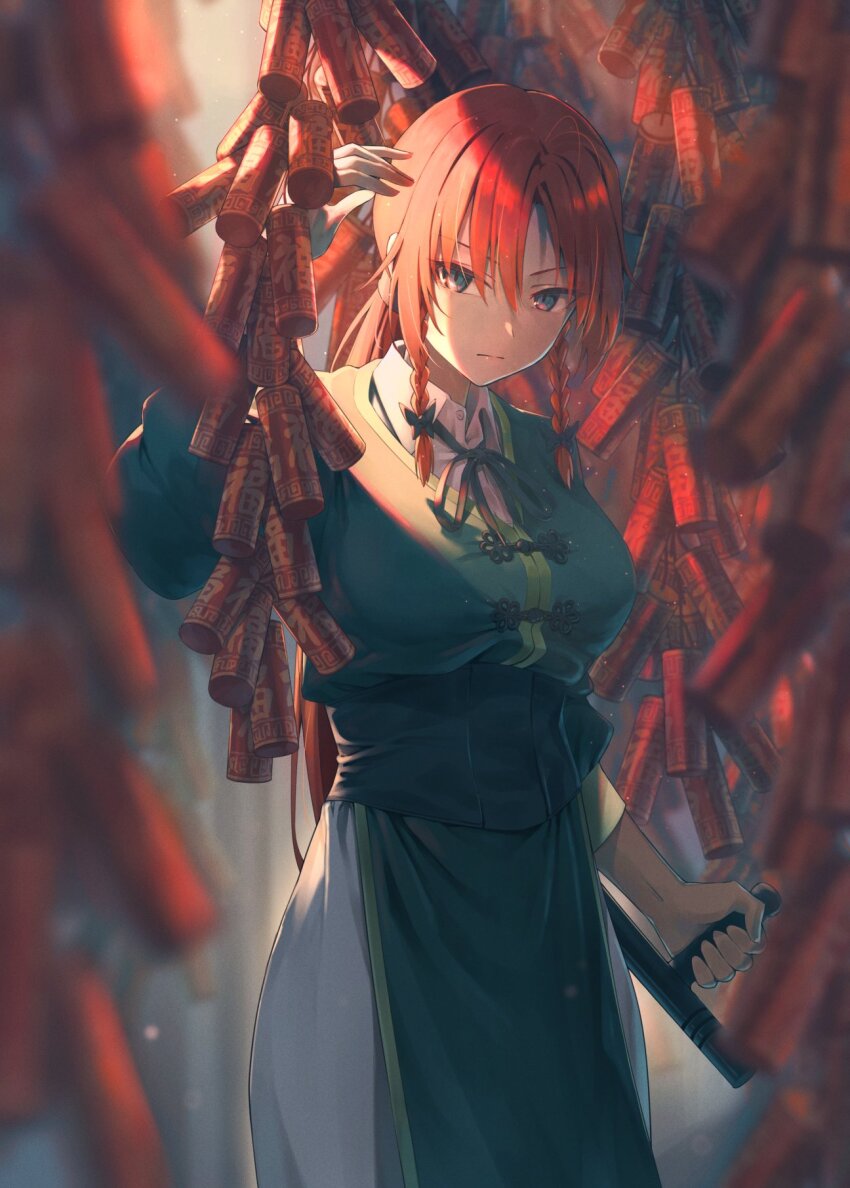 1girl baton_(weapon) black_bow black_ribbon blurry blurry_foreground bow braid breasts chinese_clothes collared_shirt commentary cowboy_shot firecrackers good_fortune_symbol green_eyes green_vest greenkohgen hair_between_eyes hair_bow highres holding holding_weapon hong_meiling large_breasts long_hair long_sleeves neck_ribbon no_headwear ponytail red_hair ribbon shirt solo touhou twin_braids vest weapon white_shirt