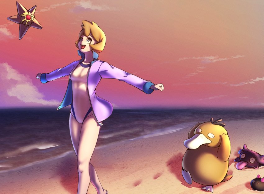 1girl bare_legs beach blush breasts closed_mouth cowboy_shot creatures_(company) game_freak gen_1_pokemon gen_7_pokemon green_eyes highres jacket legs looking_at_viewer misty_(pokemon) nintendo one-piece_swimsuit orange_hair pokemon pokemon_(creature) pokemon_hgss psyduck pyukumuku shellder smile staryu swimsuit thighs water white_one-piece_swimsuit