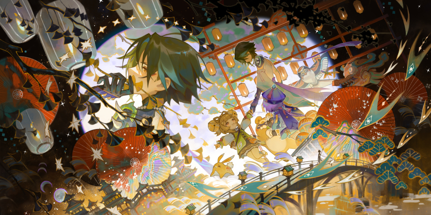 1boy 1other 2girls absurdres analogous_colors bell blunt_bangs bridge chinese_commentary commentary_request genshin_impact green_hair guoba_(genshin_impact) hair_bell hair_ornament highres holding_hands landscape lantern multiple_girls multiple_views paper_lantern purple_hair qiao2121 qiqi_(genshin_impact) scenery short_hair standing walking xiao_(genshin_impact) yaoyao_(genshin_impact) yuegui_(genshin_impact)