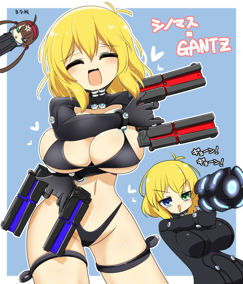 2girls anger_vein bikini black_bikini blonde_hair blue_background blue_eyes breasts brown_hair commentary_request cowboy_shot gantz gantz_suit green_eyes gun hairband heterochromia highres holding holding_gun holding_weapon large_breasts lets0020 long_hair multiple_girls open_mouth red_hairband ryoubi_(senran_kagura) ryouna_(senran_kagura) senran_kagura short_hair siblings sisters smile solo_focus swimsuit twintails two-tone_background v-shaped_eyebrows weapon white_background
