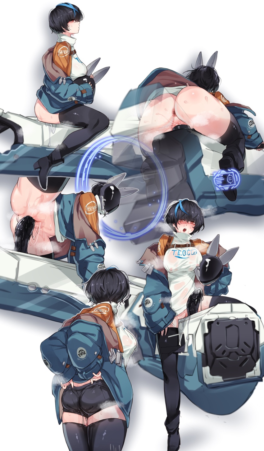 1girl absurdres anus black_hair black_thighhighs blue_hair blue_jacket blue_streaks breasts commentary dildo dildo_riding guilty_gear guilty_gear_strive harness highres jacket mocomori motor_vehicle motorcycle multicolored_hair object_insertion on_motorcycle open_clothes open_jacket orange_jacket pussy_juice red_eyes sex_toy short_hair streaked_hair symbol-only_commentary thighhighs turtleneck uncensored unika_(guilty_gear) vaginal vaginal_object_insertion