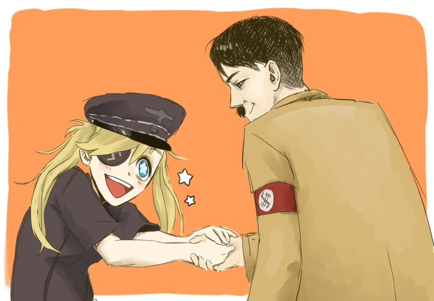 1boy 1girl adolf_hitler armband blonde_hair blue_eyes eyepatch facial_hair handshake hat mustache nazi open_mouth peaked_cap swastika