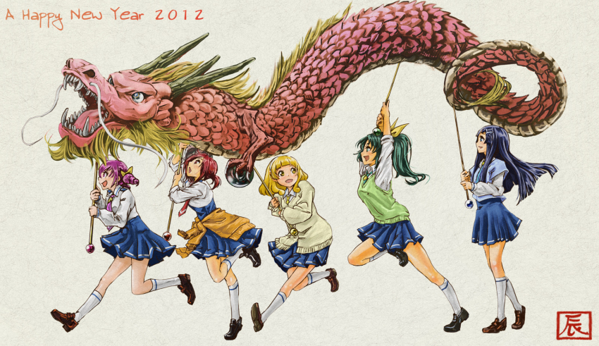 10s 2012 5girls aoki_reika blonde_hair blue_eyes blue_hair dragon eastern_dragon goru_(cure_golgom) green_eyes green_hair highres hino_akane_(smile_precure!) hoshizora_miyuki kise_yayoi kneehighs long_hair midorikawa_nao multiple_girls necktie new_year pink_eyes pink_hair pink_necktie ponytail precure red_eyes red_hair school_uniform short_hair skirt sleeves_rolled_up smile_precure! socks yellow_eyes