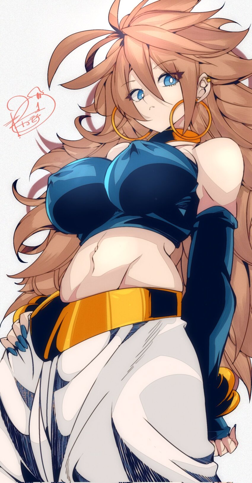 1girl android android_21 arc_system_works bandeau bare_shoulders blue_eyes blue_nail_polish blue_nails bracelet breasts brown_hair closed_mouth covered_erect_nipples detached_sleeves dragon_ball dragon_ball_fighterz ear_piercing earrings elbow_gloves female_focus gloves gold_bracelet hair_between_eyes hand_on_own_hip harem_pants highres hoop_earrings jewelry kinakomochi_(user_vedc2333) large_breasts long_hair looking_at_viewer midriff nail_polish navel pants piercing signature solo standing very_long_hair white_background white_pants