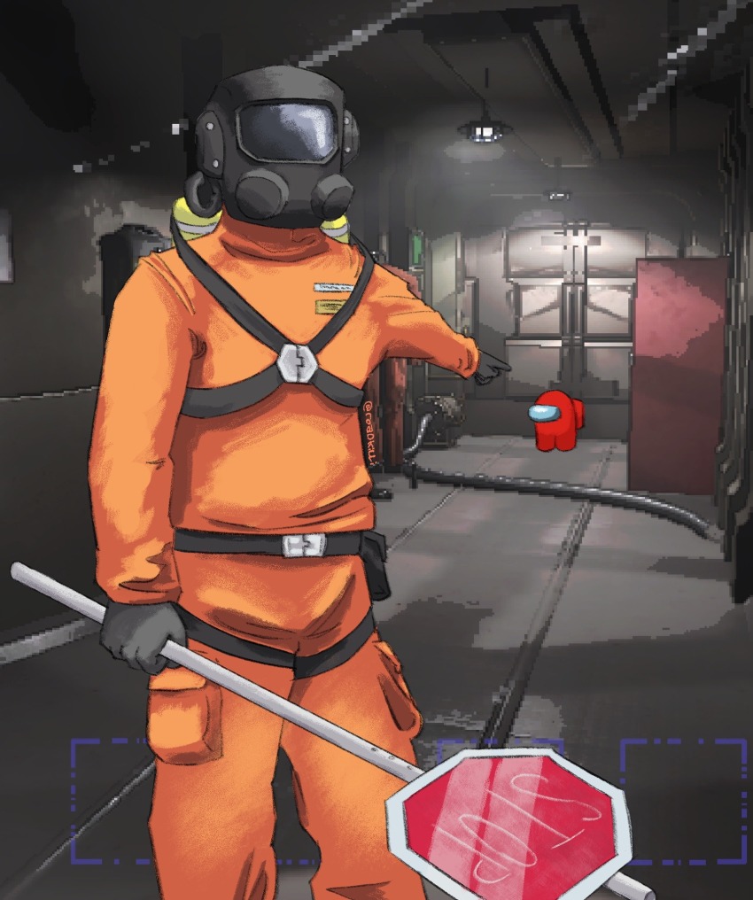 1other ambiguous_gender among_us black_gloves commentary cowboy_shot creature crewmate_(among_us) crossover english_commentary gloves highres holding holding_sign in-universe_location indoors jumpsuit lethal_company long_sleeves mask meme one-punch_man orange_jumpsuit other_focus pointing red_(among_us) road_sign roadkilli sassy_lost_child_(meme) sign solo_focus standing stop_sign worker_(lethal_company)