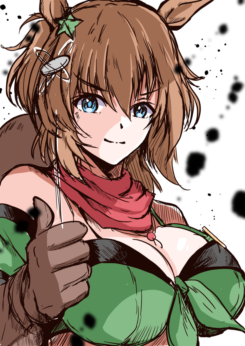 1girl animal_ears bandeau bare_shoulders bikini bikini_under_clothes blue_eyes breasts brown_gloves brown_hair cleavage commentary_request detached_sleeves gloves grin hair_ornament highres horse_ears horse_girl kentan_(kingtaiki) large_breasts long_hair looking_at_viewer midriff navel parody red_scarf scarf short_sleeves smile solo star_(symbol) star_hair_ornament stomach swimsuit taiki_shuttle_(umamusume) umamusume upper_body white_background