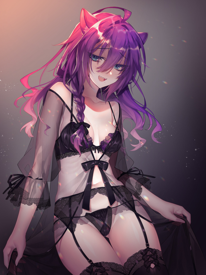 1girl :d absurdres alternate_hairstyle arms_at_sides ayase_mayoi backlighting black_bra black_panties black_ribbon black_thighhighs bra braid breasts cleavage clothes_lift cowboy_shot ensemble_stars! furrowed_brow garter_belt garter_straps genderswap genderswap_(mtf) gluteal_fold gradient_background groin hair_between_eyes half-closed_eyes highres holding kemonomimi_mode lace lace-trimmed_thighhighs lace_bra lace_thighhighs lace_trim legs_together lingerie long_hair naganegi navel open_mouth panties purple_hair ribbon see-through_cardigan side_braid sideways_glance sleeve_ribbon three-quarter_sleeves small_breasts smile solo thighhighs thighs two-handed underwear