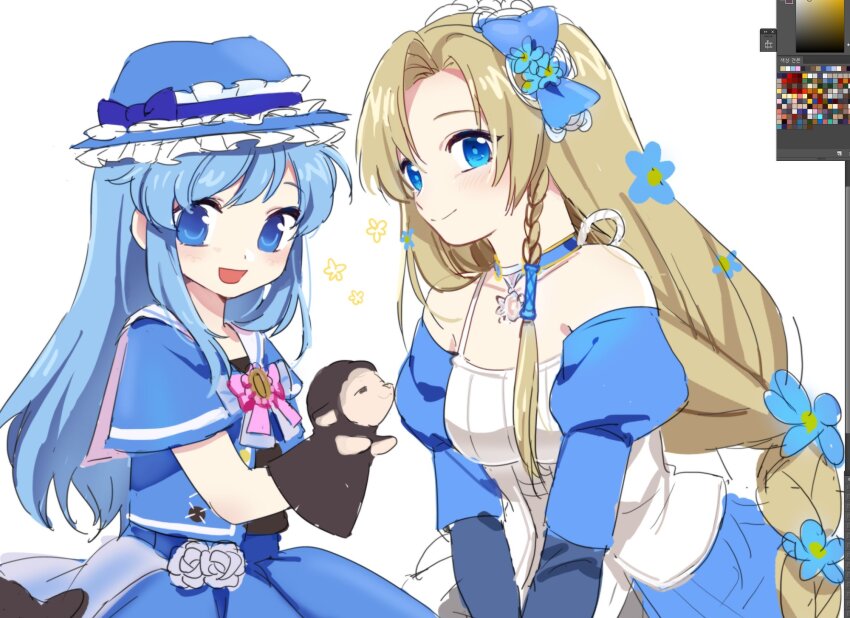 2girls bare_shoulders blonde_hair blony_(mabinogi) blue_eyes blue_hair happy highres lessojin long_hair lorna mabinogi multiple_girls simple_background smile