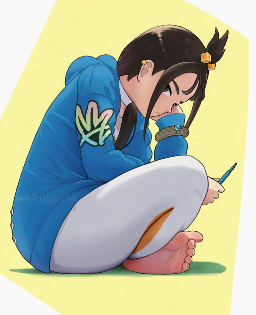 1girl barefoot black_hair blue_hoodie bracelet closed_mouth commentary_request feet from_side full_body hand_up head_rest highres holding holding_phone hood hood_down hoodie jewelry leggings lida_(pokemon) long_hair looking_at_viewer looking_to_the_side nintendo phone pokemon pokemon_legends:_z-a robata_kuri sitting soles solo toes twitter_username watermark white_leggings yellow_background