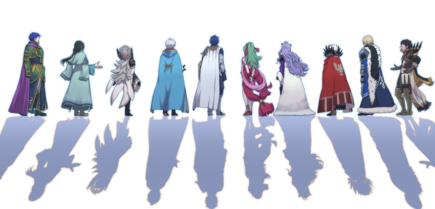 4girls 6+boys armor black_hair blonde_hair blue_cape blue_hair brown_hair camilla_(fire_emblem) camilla_(light_of_nohr)_(fire_emblem) cape chrom_(crowned_exalt)_(fire_emblem) chrom_(fire_emblem) claude_von_riegan cosplay dimitri_alexandre_blaiddyd edelgard_von_hresvelg fire_emblem fire_emblem:_radiant_dawn fire_emblem:_the_blazing_blade fire_emblem:_three_houses fire_emblem_awakening fire_emblem_fates fire_emblem_heroes from_behind fur_cape green_hair hector_(brave_warrior)_(fire_emblem) hector_(emblem)_(fire_emblem) hector_(fire_emblem) highres male_robin_(exalt&#039;s_deliverer)_(fire_emblem) male_robin_(fire_emblem) multiple_boys multiple_girls nintendo purple_cape purple_hair red_cape shadow simple_background soren_(fire_emblem) soren_(radiant_confidant)_(fire_emblem) tiki_(adult)_(fated_divinity)_(fire_emblem) tiki_(adult)_(fire_emblem) tiki_(fire_emblem) uther_(fire_emblem) uther_(fire_emblem)_(cosplay) veronica_(brave_princess)_(fire_emblem) veronica_(fire_emblem) white_background white_hair zuzu_(ywpd8853)