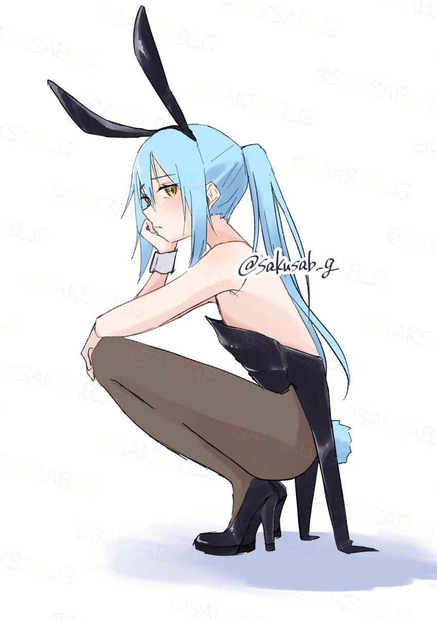 1other animal_ears artist_name blue_hair blush closed_mouth commentary_request fake_animal_ears fake_tail from_side high_heels highres leotard long_hair looking_at_viewer other_focus pantyhose playboy_bunny ponytail rabbit_ears rabbit_tail rimuru_tempest sakunotoon squatting tail tensei_shitara_slime_datta_ken twitter_username white_background yellow_eyes