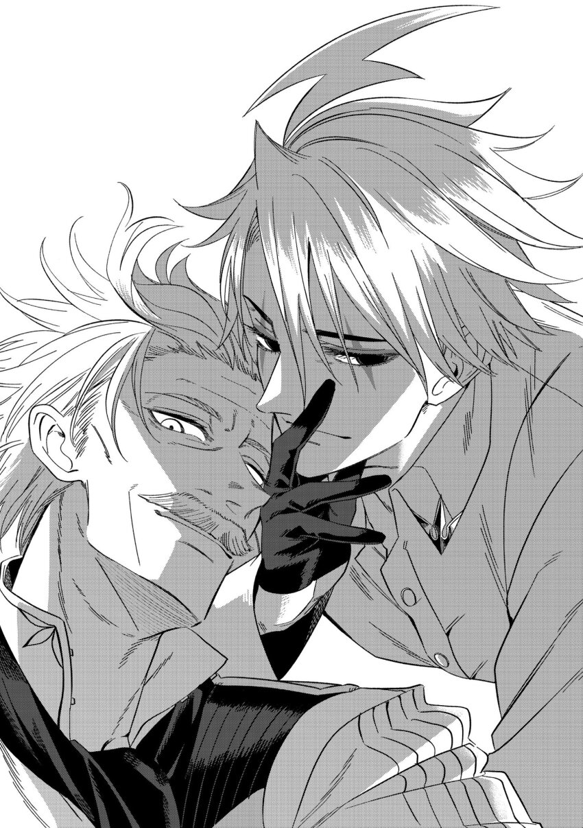 2boys facial_hair facial_mark fate/grand_order fate_(series) gloves greyscale hair_between_eyes half_gloves hand_on_own_face highres iz_(izit_unk) james_moriarty_(archer)_(fate) james_moriarty_(ruler)_(fate) lightning_ahoge male_focus mature_male monochrome multiple_boys mustache old old_man shirt short_hair upper_body