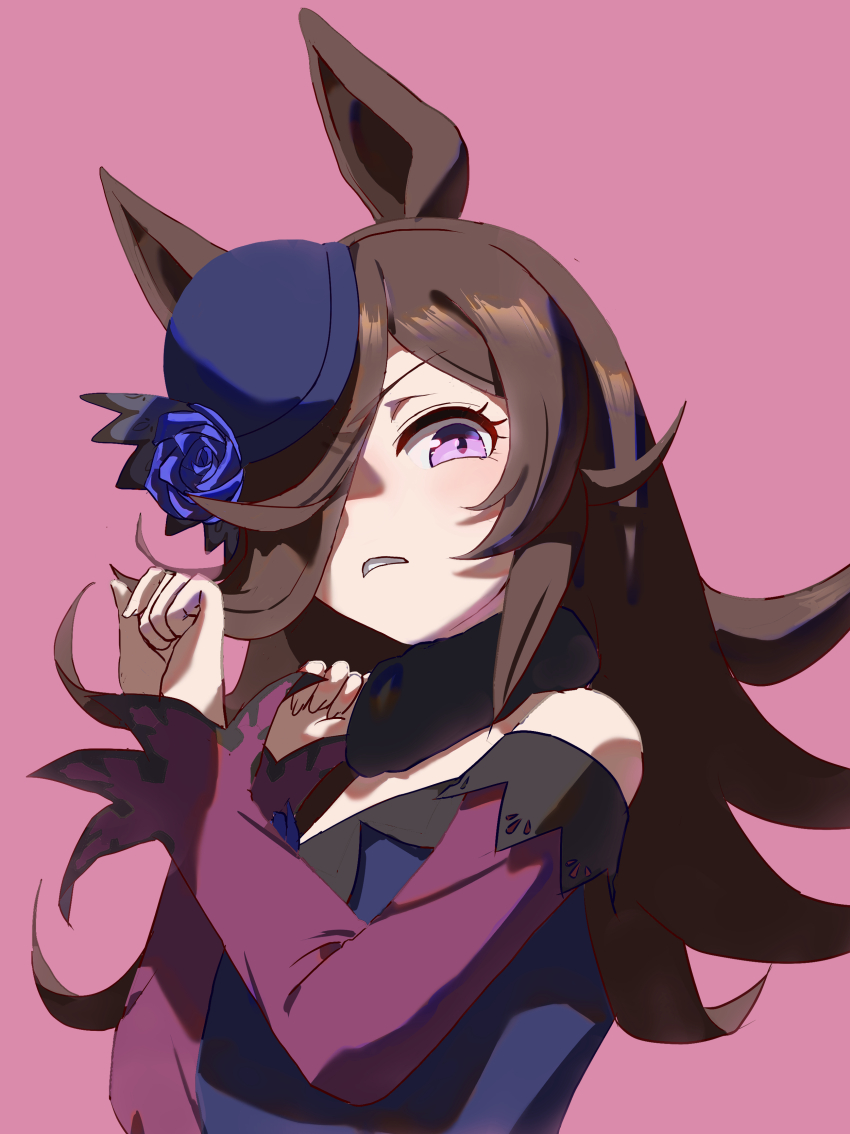 1girl absurdres animal_ears bare_shoulders blue_flower blue_rose blush brown_hair commentary_request dress flat_chest flower fur_collar hair_over_one_eye hat highres horse_ears horse_girl long_hair long_sleeves looking_at_viewer no_uwazumi pink_background purple_dress purple_eyes purple_hat rice_shower_(umamusume) rose simple_background solo umamusume upper_body