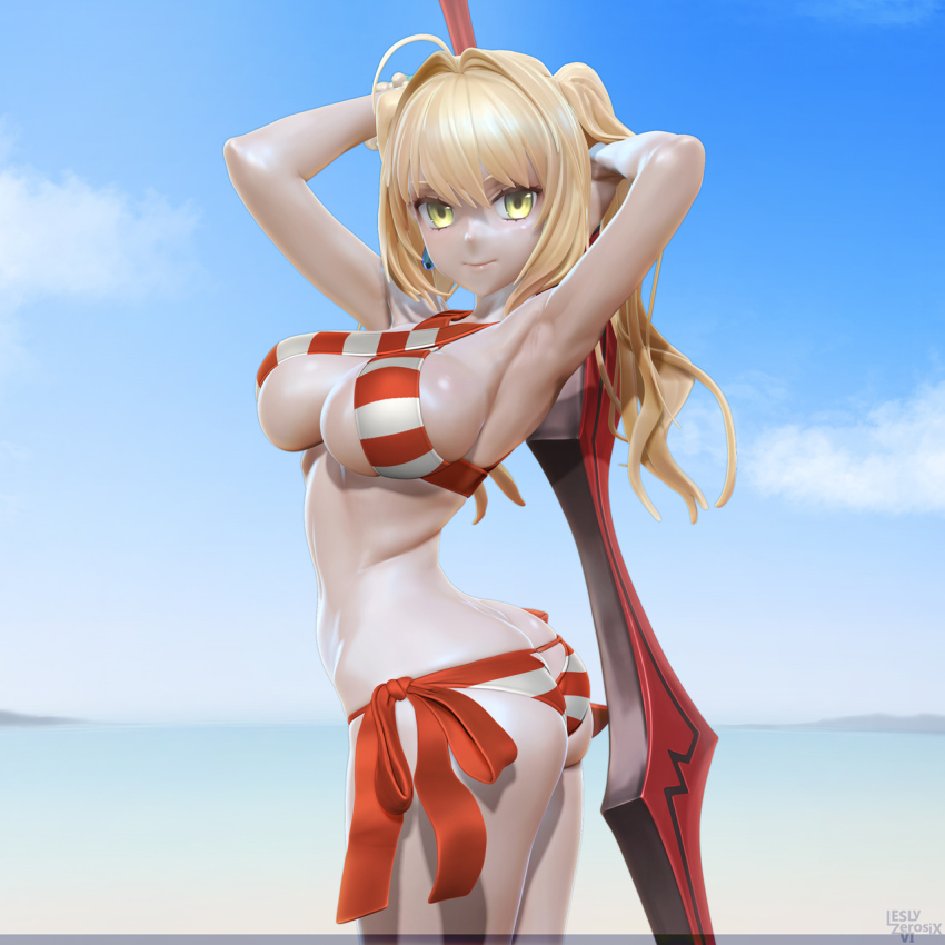 1girl 3: 3d aestus_estus ahoge armpits arms_up ass ass_cutout beach bikini blonde_hair blue_sky breasts cleavage closed_mouth clothing_cutout cloud cowboy_shot criss-cross_halter day earrings fate/grand_order fate_(series) female_focus from_side green_eyes hair_intakes halterneck hand_in_own_hair highres horizon jewelry large_breasts leslyzerosix long_hair looking_at_viewer navel nero_claudius_(fate) nero_claudius_(swimsuit_caster)_(fate) outdoors side-tie_bikini_bottom sideboob single_earring sky solo striped_bikini striped_clothes swimsuit twintails twisted_torso underboob