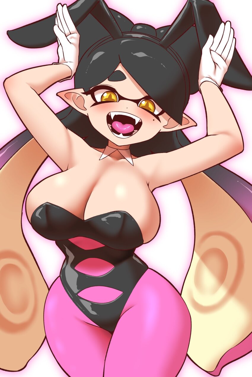 +_+ 1girl breasts callie_(splatoon) cleavage fangs gloves highres large_breasts leotard nintendo pero_(pero7762) playboy_bunny pointy_ears rabbit_ears splatoon_(series) teeth tentacle_hair tongue twintails yellow_eyes