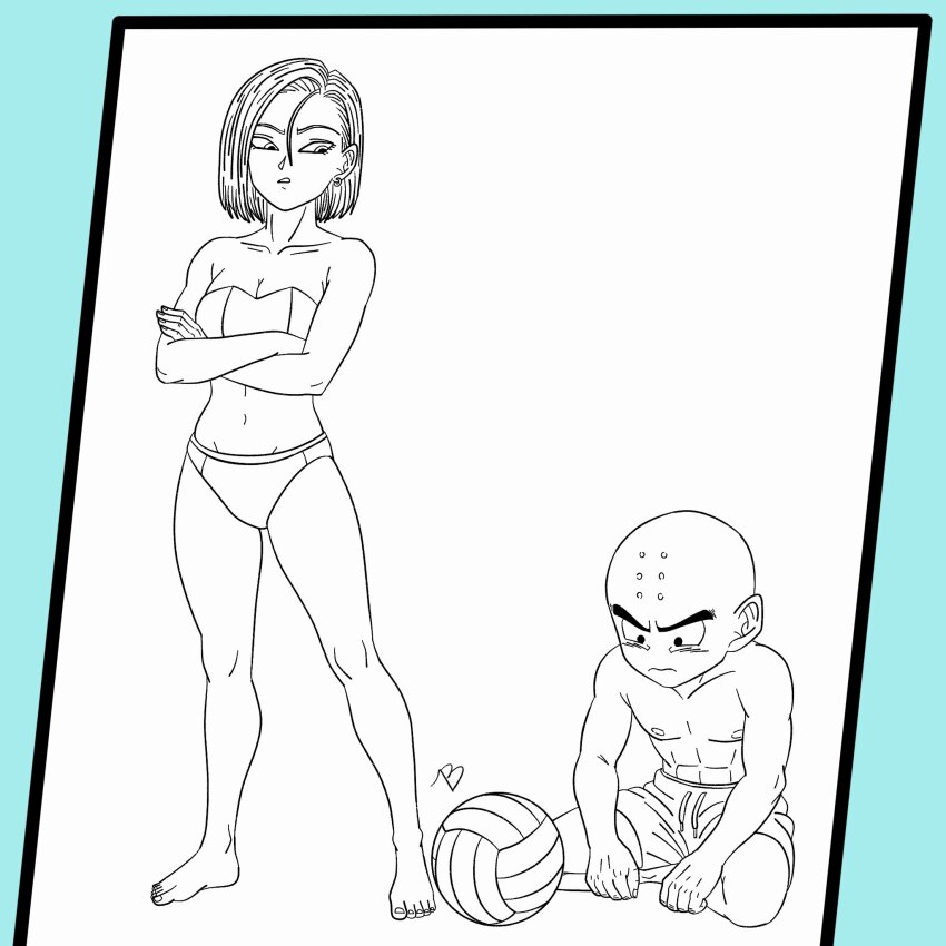 1boy 1girl abs android_18 bald bald_male black_eyes couple crossed_arms dragon_ball husband_and_wife kuririn muscular muscular_male nipples pectorals serious swimsuit volleyball