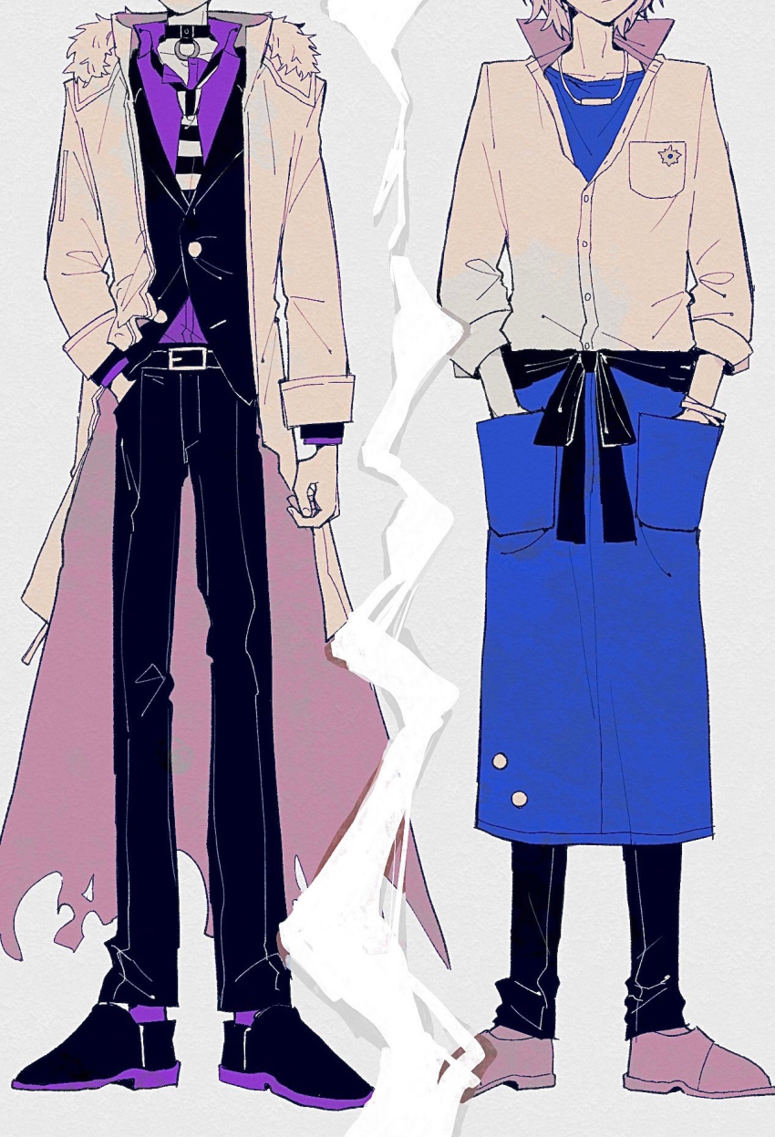 2boys apron belt belt_buckle belt_collar black_belt black_bow black_footwear black_jacket black_pants blazer blue_apron blue_tank_top bow brooch brown_footwear buckle character_request closed_mouth coat coattails collar collarbone collared_shirt commentary_request copyright_request dress_pants dress_shoes expressionless fur-trimmed_coat fur_trim grey_background hand_in_pocket hands_in_pockets head_out_of_frame high_collar highres jacket jewelry layered_sleeves long_sleeves male_focus multiple_boys necklace o-ring o-ring_belt open_clothes open_coat pants partially_unbuttoned pocket purple_shirt purple_socks section_(prrx8584) shirt shoes short_hair sleeve_cuffs socks standing tank_top torn_clothes torn_coat waist_apron waist_bow white_coat white_hair white_shirt